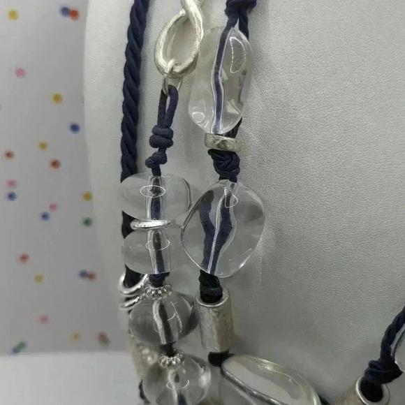 Chicos three strand choker necklace acrylic plastic bead blue cord silver thread - Picture 4 of 6